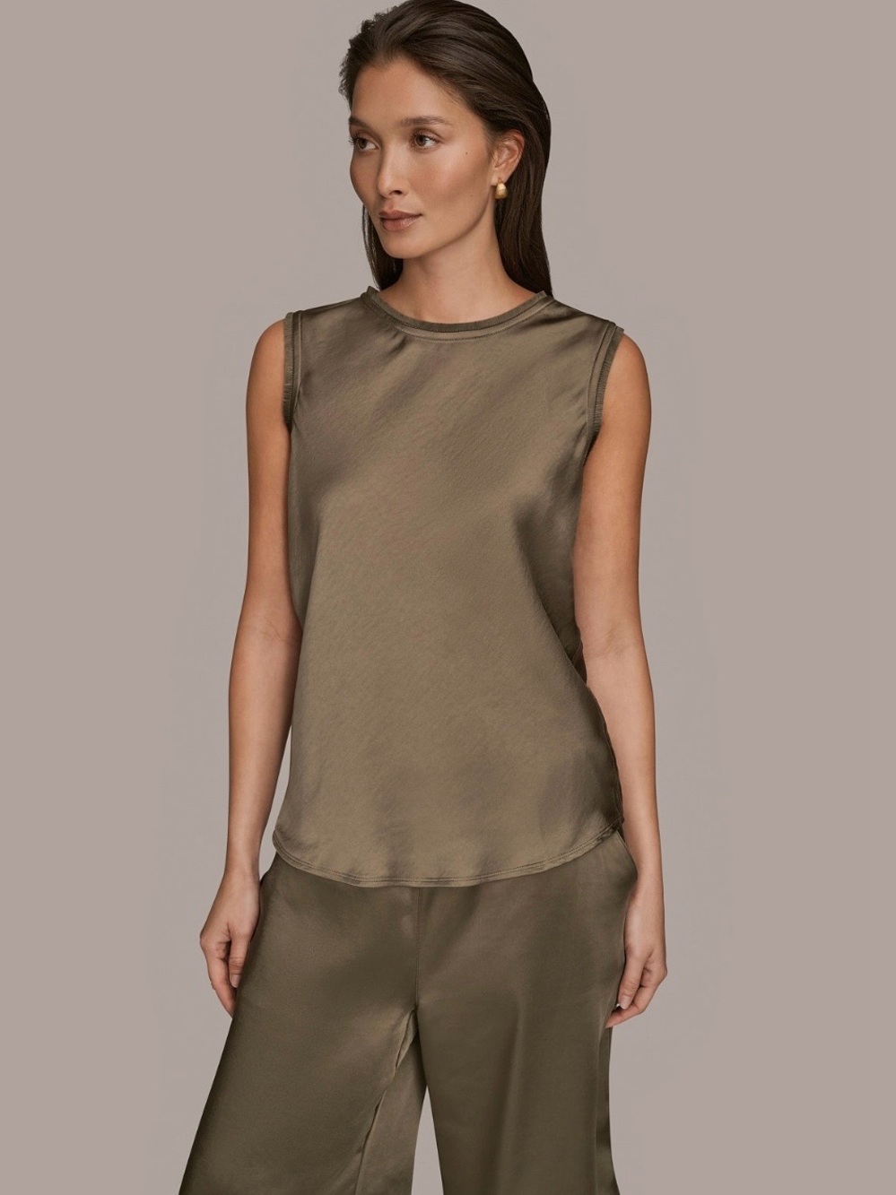 Donna Karan Women's Satin Sleeveless Fringe Trim Blouse. Size 10. Khaki Green